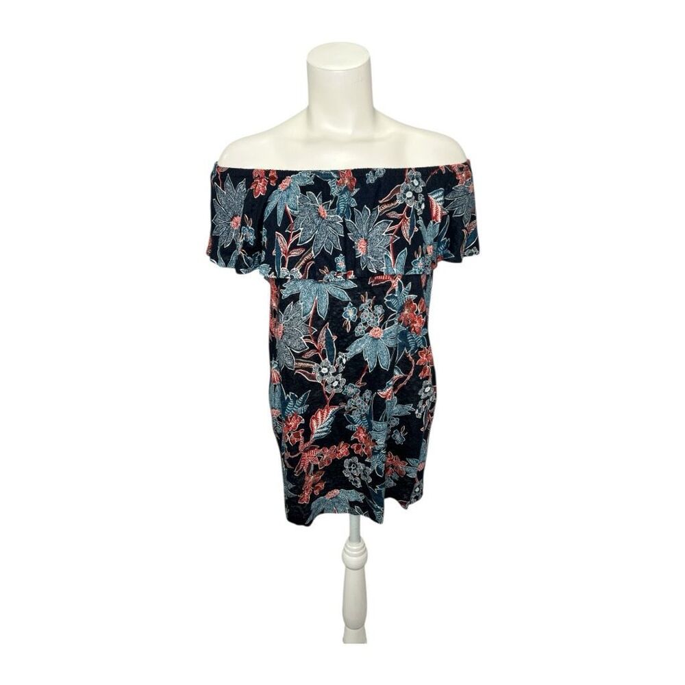 J Jill Blue Orange Floral Ruffle Off Shoulder Linen Top Mediumā